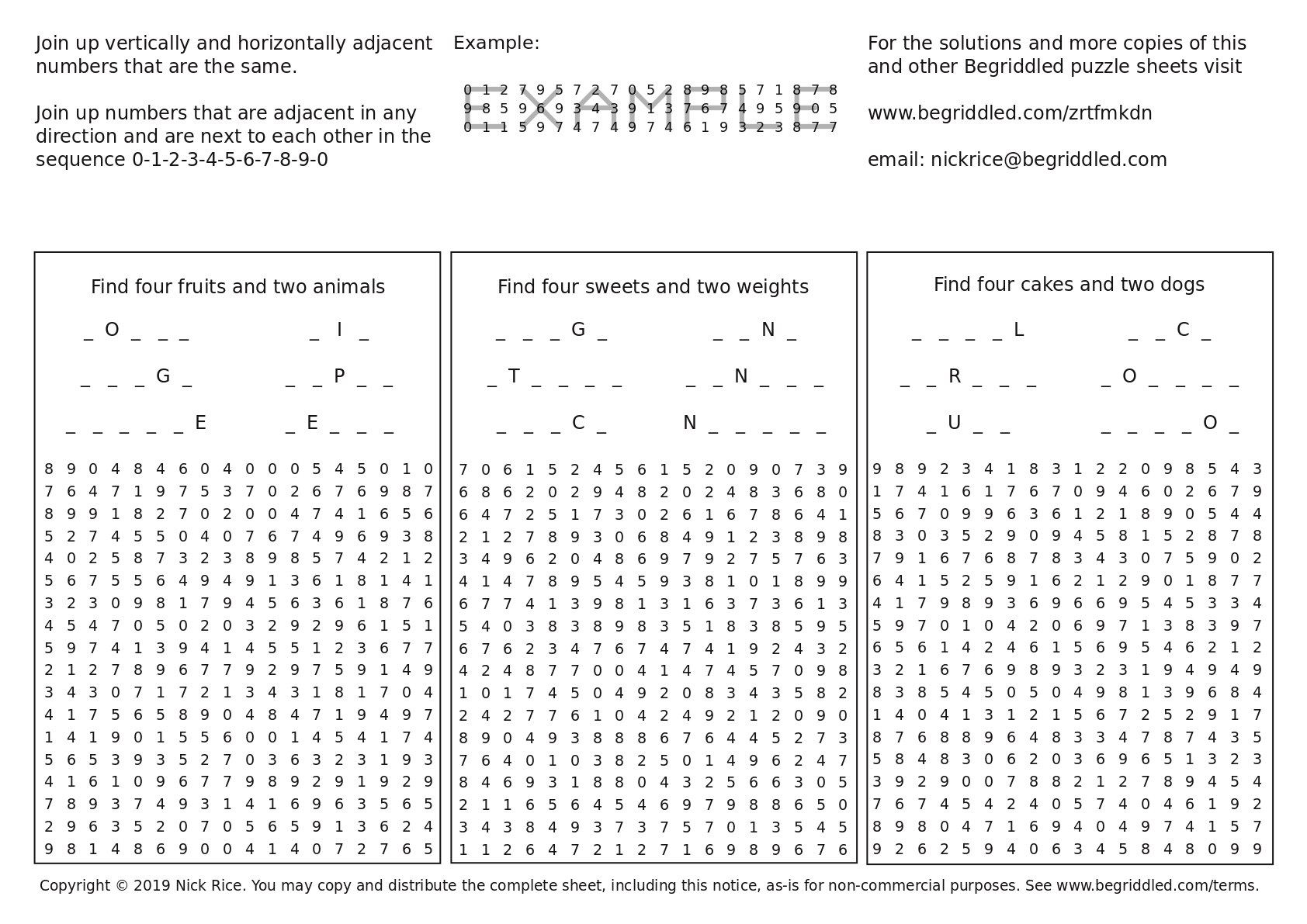 Three free simple Begriddled wordsearch puzzles (zrtfmkdn)